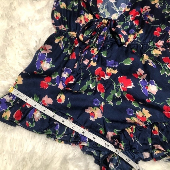 Tularosa Blue Satin Floral Tie Front V Neck Short Sleeve Romper - Picture 6 of 15